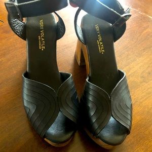 Black leather 3” platform heel ankle strap sandals